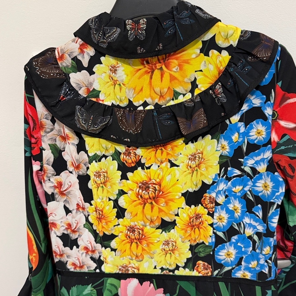 Black Floral & Butterfly Print Dress with Ruffle Details. Womens Size Small. - Picture 7 of 9